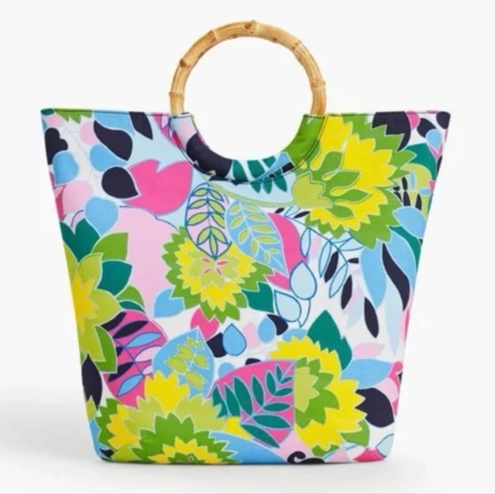 NEW Talbots bamboo handle canvas tote wooden shopper maximalist boho beach color